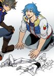 2boys absurdres black_hair blue_eyes blue_hair blue_jacket blue_pants boots brown_footwear brown_gloves bruno_(yu-gi-oh!) comedy facial_mark facial_tattoo floor fudou_yuusei gloves hand_on_own_knee hands_on_floor high_collar highres jacket knee_pads kneeling looking_back looking_to_the_side lying male_focus marking_on_cheek multicolored_hair multiple_boys multiple_views on_back on_floor on_stomach open_clothes open_jacket open_mouth pants parted_lips partially_colored pocket shirt shoes short_hair sleeves_rolled_up sneakers spiky_hair streaked_hair sweatdrop tattoo tripping violet_eyes white_footwear white_jacket worried youko-shima yu-gi-oh! yu-gi-oh!_5d&#039;s