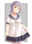  1girl black_sailor_collar blush braid dress feet_out_of_frame grey_background hair_flaps hair_intakes idolmaster idolmaster_cinderella_girls koshimizu_sachiko looking_at_viewer low_twintails parted_lips puffy_short_sleeves puffy_sleeves sailor_collar sailor_dress short_sleeves sidelocks smile solo standing twin_braids twintails two-tone_background white_background white_dress yukie_(kusaka_shi) 