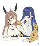  2girls ahoge black_choker blue_eyes blue_hair blunt_bangs breasts brown_eyes brown_hair cheek_pinching choker coat colored_inner_hair denim feather_hair_ornament feathers hair_intakes hair_ornament high-waist_pants hololive hololive_english jewelry large_breasts long_hair multicolored_hair multiple_girls nanashi_mumei nanashi_mumei_(3rd_costume) necklace ouro_kronii ouro_kronii_(3rd_costume) pants pinching shirt signature simple_background streaked_hair sweater table taka_t virtual_youtuber white_background white_hair white_shirt white_sweater 