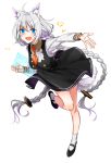  1girl animal_ear_fluff animal_ears blue_eyes braid dog_ears dog_tail dress full_body grey_hair holding kizuna_akari long_hair long_sleeves necktie open_mouth outstretched_hand shoes short_necktie socks solo standing standing_on_one_leg tail twin_braids very_long_hair voiceroid yodare_(3yami8) 