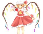  1girl amaoto_sanba apple arm_up ascot blonde_hair breasts closed_mouth collared_shirt crystal feet_out_of_frame flandre_scarlet food frilled_shirt_collar frilled_skirt frilled_vest frills fruit hat hat_ribbon highres holding holding_food holding_fruit light_smile looking_at_viewer medium_hair mob_cap multicolored_wings one_eye_closed one_side_up puffy_short_sleeves puffy_sleeves red_apple red_ribbon red_skirt red_vest ribbon ribbon-trimmed_headwear ribbon_trim shirt short_sleeves skirt skirt_set sleeve_ribbon small_breasts solo touhou vest white_background white_headwear white_shirt wings wrist_cuffs yellow_ascot 