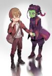 1boy 1girl aged_down bag baggy_pants black_footwear blush boots braid braided_bun brown_pants child closed_eyes closed_mouth collared_jacket colored_skin full_body gamora gradient_hair green_skin grey_bag guardians_of_the_galaxy hair_bun hand_up headphones headphones_around_neck holding holding_hands jacket light_brown_hair long_sleeves looking_at_another marvel marvel_cinematic_universe ming_(5unri5e666) multicolored_hair open_clothes open_jacket pants peter_quill pink_hair purple_footwear purple_hair purple_pants purple_shirt red_jacket reflection shirt short_hair sidelocks simple_background smile standing sweatdrop t-shirt teeth twin_braids twintails v-shaped_eyebrows violet_eyes white_background white_shirt wide_sleeves