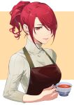 1girl apron closed_mouth cup drink hair_over_one_eye high_ponytail holding holding_drink isa_(peien516) kirijou_mitsuru long_hair looking_at_viewer persona persona_3 pink_lips red_eyes redhead simple_background smile solo sweater tea teacup turtleneck turtleneck_sweater upper_body white_sweater 