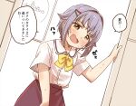  1girl blush bow brown_eyes brown_skirt collared_shirt dress_shirt grey_hair hair_flaps hair_intakes hair_ornament hairclip hand_up idolmaster idolmaster_cinderella_girls koshimizu_sachiko looking_at_viewer open_mouth shirt short_sleeves skirt solo sweat translation_request white_shirt yellow_bow yukie_(kusaka_shi) 