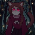  1girl animal_ears braid brown_hair cat_ears cat_girl forest glowing glowing_eyes highres leaning_forward looking_at_viewer madotsuki nature night night_sky red_eyes red_skirt red_sweater skirt sky solo sweater tateoftot twin_braids yume_nikki 