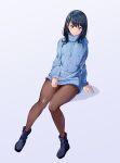  1girl absurdres black_footwear black_hair blue_eyes blue_sweater blush boots breasts cardigan gridman_universe gridman_universe_(film) highres long_hair looking_at_viewer official_alternate_costume sakamoto_(ojiojiojisanda) sitting skirt socks solo sweater takarada_rikka thighs 