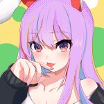  1girl animal_ears black_sleeves blush collarbone fingernails hair_between_eyes hand_up highres licking licking_finger long_hair looking_at_viewer off_shoulder pink_eyes pink_hair pink_nails rabbit_ears rabbit_girl reisen_udongein_inaba shirt simple_background solo tongue tongue_out touhou two-tone_eyes upper_body violet_eyes white_shirt yellow_background 