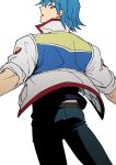  1boy absurdres belt blue_hair blue_pants blue_shirt bruno_(yu-gi-oh!) from_behind high_collar highres jacket leather_belt looking_back male_focus midriff_peek outstretched_arms pants parted_lips pocket running shirt short_hair simple_background sleeves_rolled_up solo standing tools utility_vest violet_eyes white_background white_jacket wrench youko-shima yu-gi-oh! yu-gi-oh!_5d&#039;s 
