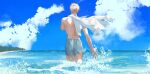  1boy absurdres back bare_arms bare_shoulders beach bergkonia blonde_hair blue_sky clouds cloudy_sky commentary english_commentary from_behind grey_pants highres holding holding_clothes holding_shirt horizon jujutsu_kaisen mature_male muscular muscular_male nanami_kento ocean outdoors pants shallow_water shirt sky solo topless_male undercut unworn_shirt wading water 