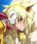  +_+ 1girl animal_ear_fluff animal_ears armor artist_name blonde_hair breasts cat_ears cat_mask cat_tail claws digimon digimon_(creature) ear_piercing english_commentary extra_ears fur_trim gold_armor green_eyes hair_between_eyes hairband hand_up highres holding holding_mask keyliom large_breasts looking_at_viewer low_twintails mask parted_lips piercing portrait rasielmon sidelocks smile solo tail twintails unworn_mask white_fur 