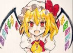  1girl ascot blonde_hair bow collared_shirt crystal flandre_scarlet frilled_shirt_collar frills gaota hair_between_eyes happy hat hat_bow highres looking_at_viewer medium_hair mob_cap multicolored_wings one_side_up open_mouth puffy_short_sleeves puffy_sleeves red_bow red_eyes red_vest shirt short_sleeves simple_background smile solo teeth touhou upper_body upper_teeth_only vest white_background white_headwear white_shirt wings yellow_ascot 