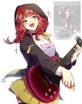  1girl black_choker black_jacket blunt_bangs braid bungou_stray_dogs choker cowboy_shot green_eyes guitar highres holding holding_guitar holding_instrument holding_plectrum hood hood_up instrument jacket long_hair long_sleeves lucy_maud_montgomery_(bungou_stray_dogs) mangseok_bsd open_mouth plectrum redhead shirt skirt smile solo sparkle standing sweat twin_braids v-shaped_eyebrows white_background white_shirt yellow_skirt 