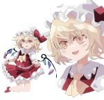  1girl addictionwhite ascot blonde_hair curtsey fang flandre_scarlet hair_between_eyes hat hat_ribbon head_tilt looking_at_viewer medium_hair mob_cap multicolored_wings multiple_views one_side_up open_mouth orange_hair puffy_short_sleeves puffy_sleeves red_footwear red_ribbon red_skirt red_vest ribbon ribbon-trimmed_headwear ribbon_trim shirt short_sleeves skirt skirt_set solo touhou vest white_background white_headwear white_shirt wings wrist_cuffs yellow_ascot 