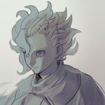  1boy belafu_(human) blue_eyes closed_mouth hair_over_one_eye looking_ahead made_in_abyss male_focus monochrome okurase portrait scar scar_across_eye scar_on_face short_hair simple_background solo spiky_hair spot_color turtleneck 