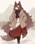  1girl animal_ears black_scarf black_tassel boots brooch brown_coat brown_footwear brown_hair brown_jacket brown_tail coat commentary_request cross-laced_footwear full_body hair_between_eyes hands_in_pockets highres imaizumi_kagerou jacket jewelry kaginoni long_hair long_sleeves long_tail looking_up mountainous_horizon open_clothes open_jacket plaid red_brooch red_eyes scarf shirt skirt solo standing sweater tail tassel touhou white_background white_sweater wolf_ears wolf_girl wolf_tail 