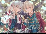  2boys black_gloves blonde_hair blue_eyes ensemble_stars! gloves hibiki_wataru high_ponytail highres huyucotton looking_at_viewer male_focus multicolored_hair multiple_boys official_alternate_costume one_eye_closed open_mouth ponytail redhead smile star_(symbol) teeth tenshouin_eichi white_gloves white_hair 