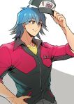  1boy absurdres arm_up baseball_cap black_headwear blue_hair bruno_(yu-gi-oh!) grey_eyes grey_pants hand_on_own_hip hat hat_tip highres jacket looking_to_the_side male_focus official_alternate_costume pants red_jacket shirt short_hair simple_background sleeves_rolled_up smile solo standing two-tone_background v-neck yellow_shirt youko-shima yu-gi-oh! yu-gi-oh!_5d&#039;s zipper 
