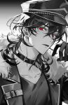  1boy 9_rnnr black_choker black_hair black_jacket choker ensemble_stars! fang fur-trimmed_jacket fur_trim gradient_background grey_background grey_shirt greyscale hat highres jacket looking_at_viewer male_focus medium_hair monochrome mullet multicolored_background open_mouth peaked_cap red_eyes sakuma_rei_(ensemble_stars!) shirt solo white_background 