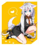  1girl animal_ears blue_eyes braid crumbs dog_ears dog_tail dog_treat dress ears_down eating full_body grey_hair heart kizuna_akari long_hair mouth_hold necktie on_one_knee orange_necktie paw_print shoes short_necktie socks solo spoken_heart tail twin_braids very_long_hair voiceroid yodare_(3yami8) 