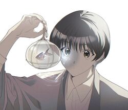  1boy air_bubble animal bag bagged_fish black_hair bubble caustics collared_shirt curious fish goldfish grey_kimono hand_up highres holding japanese_clothes kimono long_sleeves looking_at_animal male_focus okurase rope rurouni_kenshin seta_soujirou shirt short_hair simple_background upper_body water weapon white_background white_shirt wide_sleeves yellow_eyes 