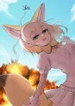 2girls animal_ears black_skirt blonde_hair blue_sweater bow bowtie commentary_request common_raccoon_(kemono_friends) explosion extra_ears fennec_(kemono_friends) fox_ears fox_girl fox_tail gaga_(gamerakero) grey_hair highres kemono_friends midair multicolored_hair multiple_girls pink_sweater pleated_skirt puffy_short_sleeves puffy_sleeves raccoon_ears raccoon_girl raccoon_tail short_hair short_sleeves skirt sweater tail white_hair white_skirt yellow_bow yellow_bowtie yellow_eyes 