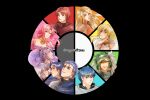  ayumitsuu azelle_(fire_emblem) blonde_hair blue_hair brigid_(fire_emblem) closed_mouth color_wheel_challenge deirdre_(fire_emblem) dress ethlyn_(fire_emblem) ethlyn_(masquerade)_(fire_emblem) finn_(fire_emblem) fire_emblem fire_emblem:_genealogy_of_the_holy_war fur_trim green_hair headband highres lachesis_(fire_emblem) lachesis_(masquerade)_(fire_emblem) lewyn_(fire_emblem) lex_(fire_emblem) long_hair multiple_boys multiple_drawing_challenge multiple_girls pink_eyes pink_hair ponytail purple_hair red_eyes redhead scarf short_hair sigurd_(fire_emblem) smile tailtiu_(fire_emblem) violet_eyes white_headband 