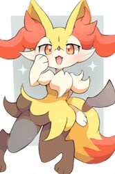  absurdres braixen brown_eyes highres looking_at_viewer open_mouth pokemon pokemon_(creature) samenoha_(salmon_no_kaori) simple_background solo tail 