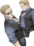  1boy albert_wesker black_vest blonde_hair blue_shirt closed_mouth hair_slicked_back jacket open_clothes open_jacket open_shirt orange_eyes pectorals resident_evil shirt simple_background suit sunglasses tatsumi_(psmhbpiuczn) vest white_background 