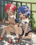  2girls ahoge bare_shoulders black_shorts blue_hair character_name closed_eyes collarbone commentary_request dated day double_bun dress fang flat_chest food full_body gochuumon_wa_usagi_desu_ka? hair_bun hairband handheld_fan highres holding holding_food jouga_maya knees_together_feet_apart looking_down mohei multiple_girls natsu_megumi no_socks open_mouth outdoors papico_(ice_cream) plaid plaid_dress redhead sandals short_hair shorts sidelocks sitting skin_fang smile strap_slip striped_tank_top tank_top tree_shade white_hairband white_tank_top yellow_dress yellow_eyes 