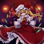  1girl adapted_costume ascot back_bow blonde_hair blurry blurry_background bow capelet closed_mouth collared_shirt crystal depth_of_field feet_out_of_frame finger_to_mouth flandre_scarlet frilled_capelet frilled_shirt_collar frilled_skirt frilled_sleeves frills hat hat_bow hat_ribbon head_tilt highres index_finger_raised lantern large_bow light_smile long_hair looking_at_viewer mob_cap multicolored_wings one_side_up purple_background red_bow red_eyes red_ribbon red_skirt red_vest ribbon seru_(cell_495) shirt short_sleeves skirt skirt_set solo touhou vest white_bow white_capelet white_headwear white_shirt wings wrist_cuffs yellow_ascot 