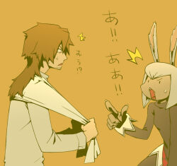  1boy 1girl ^^^ animal_ears beard_stubble black_shirt brown_hair commentary_request facial_hair furry furry_female grey_hair grey_shirt holding holding_towel kamosiro350 long_hair looking_at_another medic_(sekaiju_4) medic_1_(sekaiju_4) mononofu_(sekaiju) mononofu_4_(sekaiju) official_alternate_color orange_background profile rabbit_ears rabbit_girl sekaiju_no_meikyuu sekaiju_no_meikyuu_4 shirt simple_background small_sweatdrop stubble towel translation_request 