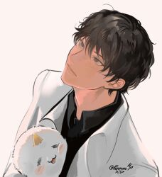  1boy :| absurdres biyoo_(omniscient_reader's_viewpoint) black_eyes black_hair black_shirt closed_mouth coat collared_shirt commentary expressionless fenmuru highres kim_dokja looking_up male_focus omniscient_reader's_viewpoint open_clothes open_coat popped_collar shirt short_hair untranslatable_commentary upper_body white_coat 
