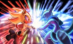 1boy 1other animal_nose blue_eyes chest_fur colored_skin death_battle furry furry_male gloves grey_skin hedgehog_boy highres inhibitor_rings mega_mewtwo_x mega_pokemon mewtwo moon multicolored_skin nostrils open_mouth pokemon pokemon_(creature) punching purple_skin red_eyes red_fur red_shoes shadow_the_hedgehog shoes sonic_(series) space spider_rican super_shadow tail two-tone_fur two-tone_skin v-shaped_eyes white_gloves yellow_fur 