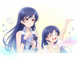  2girls :d ^_^ absurdres aged_down arm_up blue_hair blue_vest blue_wrist_cuffs brown_eyes closed_eyes collared_vest commentary_request dual_persona eighth_note happy_tears highres holding holding_microphone idolmaster idolmaster_(classic) kisaragi_chihaya long_hair looking_ahead luxury_(idolmaster) microphone multiple_girls musical_note musical_note_print official_alternate_costume short_sleeves side-by-side smile sweater_vest tears vest wrist_cuffs yellow_sweater_vest yuki_(comingsmile) 