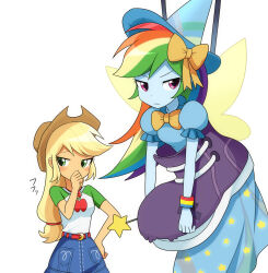  2girls amused animification annoyed apple_print applejack applejack_(equestria_girls) blonde_hair blue_dress blue_hat blue_skin blue_skirt blush bow bowtie brown_hat colored_skin commentary_request covering_own_mouth cowboy_hat cutie_mark cutie_mark_print denim denim_skirt dress fairy_wings food_print fruit_print green_eyes hair_bow hand_on_own_hip hand_up hat highres holding holding_wand jewelry jitome long_dress long_hair looking_to_the_side low-tied_long_hair multicolored_hair multiple_girls my_little_pony my_little_pony:_equestria_girls my_little_pony:_friendship_is_magic necklace orange_skin oversized_shoes print_dress print_shirt raglan_sleeves rainbow_dash rainbow_dash_(equestria_girls) rainbow_hair red_eyes ryuu_(ryuraconis) shirt short_sleeves simple_background skirt star_(symbol) star_print translation_request wand white_background white_shirt wings witch_hat yellow_bow yellow_bowtie 