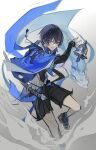  1boy bell bishounen black_hair genshin_impact highres japanese_clothes katana male_focus muetxv scaramouche_(genshin_impact) shorts simple_background solo sword violet_eyes wanderer_(genshin_impact) weapon white_background 