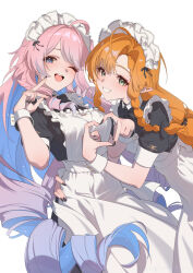  2girls apron black_dress black_nails blue_eyes blue_hair braid braided_sidelocks breasts colored_inner_hair commentary denia_(wuthering_waves) dress enmaided fingernails green_eyes grin heart heart_hands heart_hands_duo highres long_fingernails long_hair looking_at_viewer maid maid_headdress meda medium_breasts multicolored_hair multiple_girls nail_polish one_eye_closed open_mouth orange_hair pink_hair sidelocks sigrika_(wuthering_waves) simple_background smile untranslatable_commentary whip wuthering_waves 