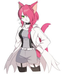  1girl :3 akatuti animal_ears belt belt_buckle black_choker black_thighhighs black_tube_top braid breasts buckle buttons cat_busters cat_ears cat_girl cat_tail choker coat commentary_request cropped_legs double-breasted furry furry_female garter_straps green_eyes grey_shorts hair_over_one_eye hand_on_own_hip highres holding holding_wrench lab_coat large_breasts long_hair looking_at_viewer neko_hakase neko_hakase_(adult) official_alternate_costume open_clothes open_coat pink_hair shorts side_braid simple_background slit_pupils solo strapless tail thigh-highs tube_top whiskers white_background white_belt wrench 