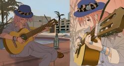  acoustic_guitar beer_bottle blue_hair bottle evening guitar highres instrument jewelry kirikuro_kyu oekaki original palm_tree pink_hair playing_guitar playing_instrument split_screen suit tree 