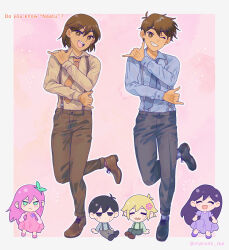  2girls 4boys alternate_costume alternate_eye_color antenna_hair aubrey_(faraway)_(omori) aubrey_(omori) basil_(faraway)_(omori) basil_(omori) black_eyes black_hair black_pants black_shoes blonde_hair blue_eyes blue_hairband blue_necktie blue_shirt blush bright_pupils brother_and_sister brothers brown_eyes brown_hair brown_pants brown_shirt brown_shoes chibi closed_eyes closed_mouth collared_shirt commentary double-parted_bangs dress english_commentary english_text flower green_shirt grey_shirt hair_between_eyes hair_flower hair_ornament hairband hero_(faraway)_(omori) hero_(omori) highres kel_(faraway)_(omori) kel_(omori) long_hair long_sleeves looking_at_viewer mari_(faraway)_(omori) mari_(omori) maromichan multiple_boys multiple_girls naatu_naatu necktie omori one_eye_closed open_mouth orange_necktie pants pink_dress purple_dress rrr_(movie) shirt shoes siblings sidelocks smile sunny_(omori) suspenders sweat teeth tongue twitter_username upper_teeth_only white_pupils 