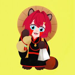  1050_(user_gnhr5324) 1girl :3 :d alternate_costume ange_katrina animal_ears bead_necklace beads black_kimono blue_eyes brown_hat brown_tail chibi chibi_only claws commentary_request facial_mark fangs full_body gourd hair_intakes hair_ornament hairclip hand_up hat highres holding holding_gourd japanese_clothes jewelry kemonomimi_mode kimono long_sleeves looking_at_viewer medium_hair multiple_necklaces necklace nijisanji no_lineart raccoon_ears raccoon_girl raccoon_tail red_hair rice_hat simple_background smile solo standing tail triangle_hair_ornament virtual_youtuber yellow_background 