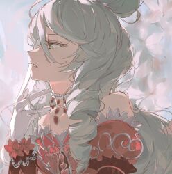  1girl bare_shoulders commentary_request dress drill_hair gloves green_eyes grey_hair hair_between_eyes hand_to_own_mouth hand_up highres jewelry long_hair necklace off-shoulder_dress off_shoulder parted_lips pearl_necklace portrait poteto_(mochimochinc) pretty_series pripara puffy_sleeves red_dress shikyoin_hibiki solo white_gloves 
