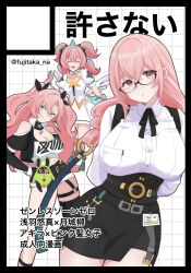  3girls ^_^ absurdres aqua_streaks aria_(human)_(zenless_zone_zero) aria_(zenless_zone_zero) bangboo_(zenless_zone_zero) black_jacket black_ribbon black_shorts black_skirt breasts closed_eyes clothing_cutout commentary_request crossed_bangs dress dress_shirt fingerless_gloves fujitaka_na fur-trimmed_shorts fur_trim glasses gloves green_eyes hair_between_eyes heart heart_necklace high-waist_skirt highres jacket jewelry large_breasts long_hair looking_at_viewer micro_shorts multicolored_hair multiple_girls necklace nicole_demara open_mouth pencil_skirt pink_eyes pink_gloves pink_hair quad_tails ribbon shirt shorts shoulder_cutout single_thighhigh skirt smile strapless streaked_hair thigh-highs tsukishiro_yanagi tube_top twintails white_dress white_shirt white_tube_top white_wings wings zenless_zone_zero 