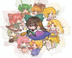  6+girls animal animal_ears animal_on_lap animalization arm_cannon arm_warmers bird black_bird black_cat black_hairband black_hat blonde_hair blue_kimono blue_shirt blue_skirt bow braid brown_bow brown_dress brown_eyes brown_hair brown_shirt bucket buttons cape cat cat_ears cat_on_lap cat_tail chest_eye chibi chibi_only chinese_commentary closed_mouth collared_shirt commentary_request control_rod_(touhou) cup diamond_button disembodied_linked_eye dress everyone extra_ears eyeball green_bow green_dress green_eyes green_hair green_skirt grin hair_bobbles hair_bow hair_bun hair_ornament hairband hammer handkerchief handkerchief_biting hat hat_bow heart heart_hair_ornament highres holding holding_cup holding_hammer holding_nail horns hoshiguma_yuugi hoshiguma_yuugi_(kimono) in_bucket in_container iwakoo japanese_clothes kaenbyou_rin kaenbyou_rin_(cat) kimono kisume komeiji_koishi komeiji_satori kurodani_yamame long_hair long_sleeves looking_at_viewer mizuhashi_parsee multiple_girls multiple_hair_bows multiple_tails nail_(hardware) nekomata on_lap oni open_mouth pink_eyes pink_hair pink_skirt pointy_ears print_cape red_eyes red_hair red_horns reiuji_utsuho reiuji_utsuho_(bird) sakazuki scarf shirt single_horn skirt smile starry_sky_print subterranean_animism tail third_eye touhou twin_braids twintails two-sided_cape two-sided_fabric two_tails ushi_no_koku_mairi weapon wheelbarrow white_cape white_kimono white_scarf white_shirt wide_sleeves wooden_bucket yellow_bow yellow_shirt zoom_layer 