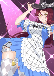  1girl absurdres argyle_clothes argyle_thighhighs black_hat black_shoes blue_dress choker commentary_request detached_sleeves dress frilled_skirt frilled_sleeves frilled_thigh_strap frills full_body hat high-low_skirt highres long_hair love_live! love_live!_sunshine!! love_spiral_tower oshiruko_kizoku piano_keys piano_print purple_background red_hair sakurauchi_riko shoes skirt smile solo sparkle sparkle_background spotlight thigh_strap white_choker yellow_eyes 
