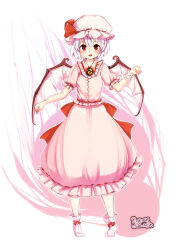  1girl 2018 bat_wings blush bow commentary_request dated frilled_hat frills furim hat highres medium_hair open_mouth puffy_sleeves red_bow remilia_scarlet socks solo touhou white_background white_socks wings 