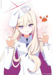  1girl aiguillette beret blonde_hair blonde_student_council_president_(blue_archive) blue_archive coat commentary_request double_v epaulettes formal_clothes grin halo hat highres long_hair multicolored_hair multicolored_halo murasame_(sword_of_nmkr) red_halo simple_background smile solo straight-on streaked_hair two-tone_hair two-tone_halo upper_body v violet_eyes white_background white_coat white_hair 