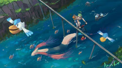  ani_(puniper) bandana bicycle brown_hair commentary day english_commentary feebas from_above green_bandana highres may_(pokemon) milotic on_bicycle orange_shirt outdoors pelipper pokemon pokemon_emerald pokemon_ruby/sapphire/emerald riding riding_bicycle river scenery shirt torchic wide_shot wingull 