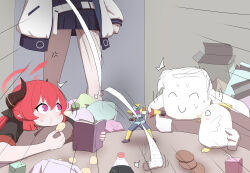  1boy 2girls absurdres angry bare_legs black_horns black_skirt blue_archive chinese_commentary clenched_hand commentary_request doodle_sensei_(blue_archive) eating halo highres horns indoors jacket jinrou_mangfu junko_(blue_archive) long_hair multiple_girls peroro_(blue_archive) playing pleated_skirt reading red_hair red_halo sensei_(blue_archive) skirt violet_eyes white_jacket yuuka_(blue_archive) 