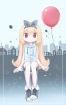  1girl balloon blonde_hair border city closed_mouth drawstring flat_chest flipped_hair full_body grey_background grey_footwear grey_hairband grey_shorts hair_between_eyes hairband highres holding holding_balloon hood hood_down hoodie kanikan legs_together long_hair looking_at_viewer original outline red_eyes shoes shorts sitting skyline sleeveless sleeveless_hoodie solo star_(symbol) straight-on very_long_hair white_outline 